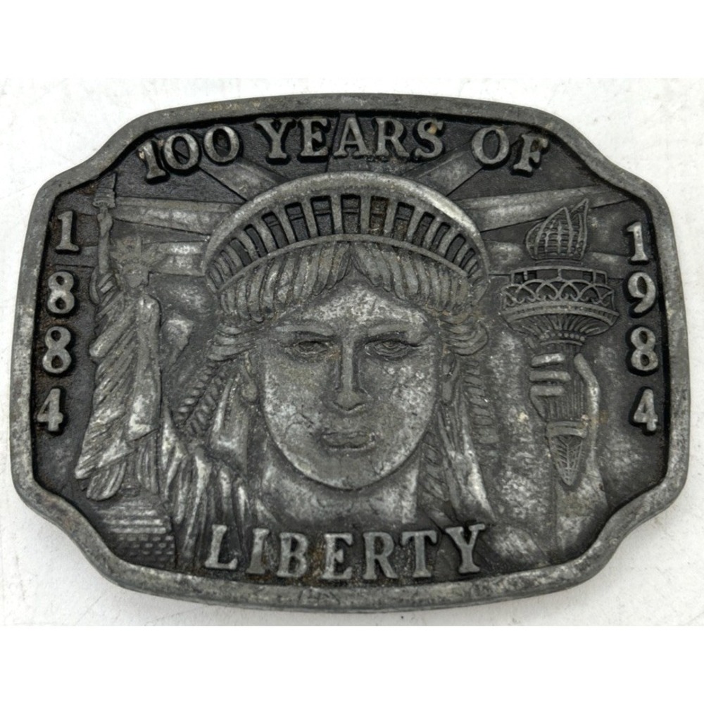 VTG Belt Buckle 100 Years Of Liberty 1884-1984 Silvertone Alloy 3 3/8''x 2 5/8''